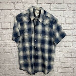 LUCKY BRAND MENS CALIFORNIA FIT INDIGO WESTERN PLAID PEARL SNAPS SHIRT LARGE